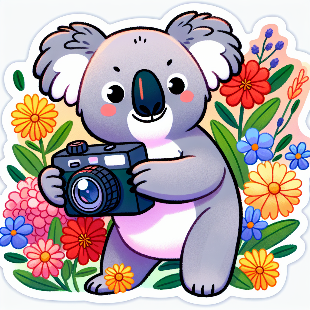 sticker-A koala photographer with a small camera, taking pictures of flowers-cute stickers-1733095511654